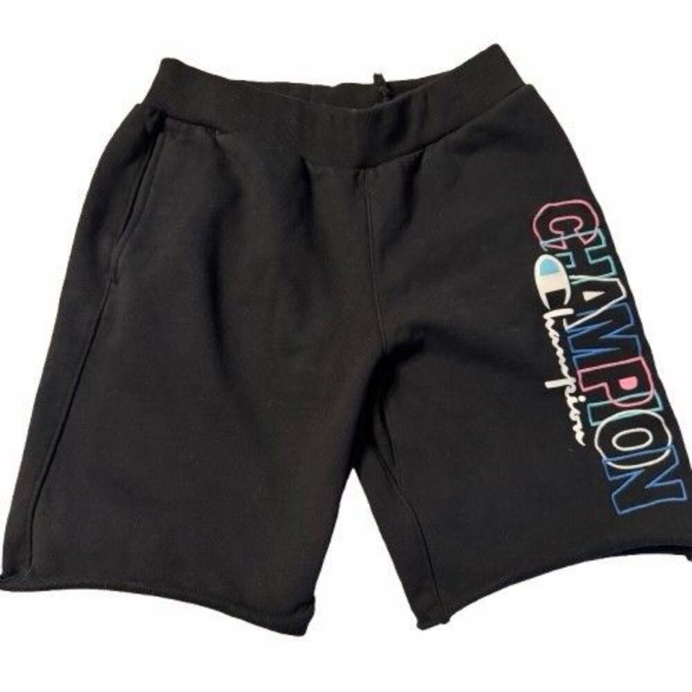 Champion Mens Medium Black Athletic Shorts Logo Graphic Gym Raw Hem Casual